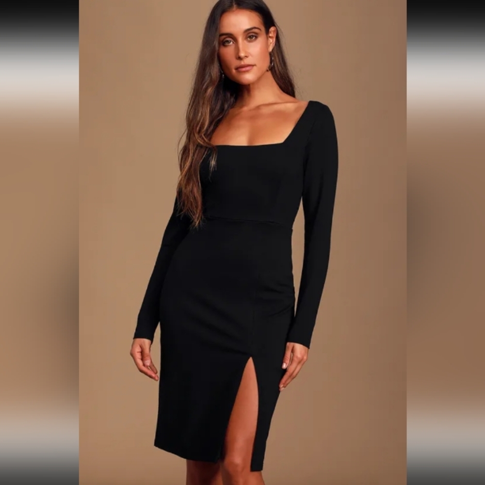 Lulu's Black Long Sleeve Square Neck Slit Shift Dress